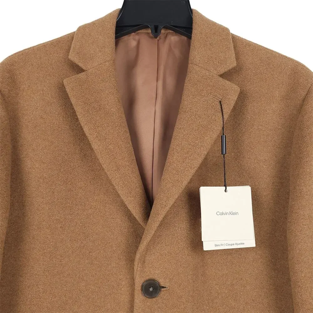 Calvin Klein Mens Prosper Slim Fit Overcoat 40R Beige Camel Solid Wool Blend NWT